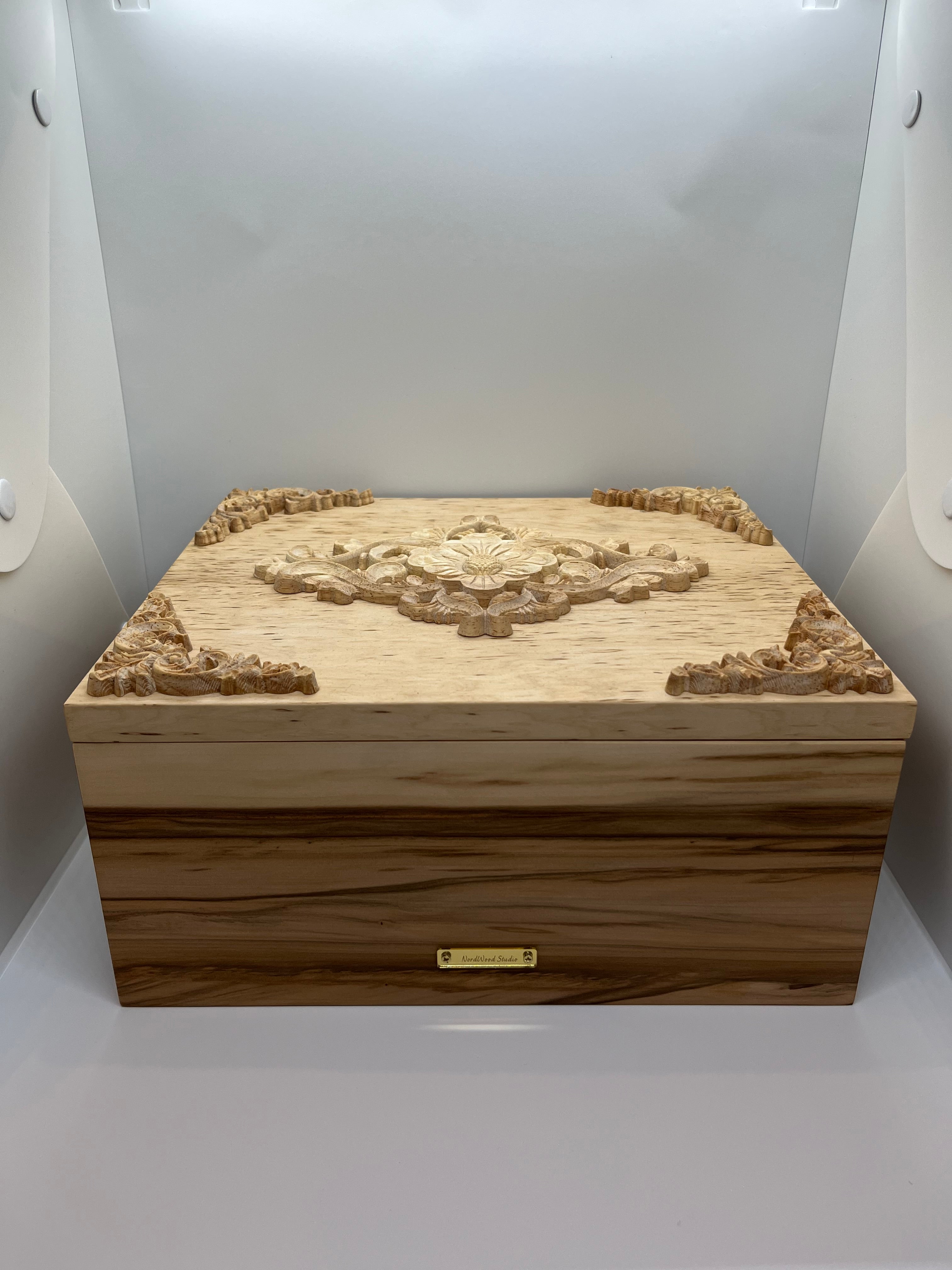 Handcrafted Keepsake Box with Ornate Wood Carvings
