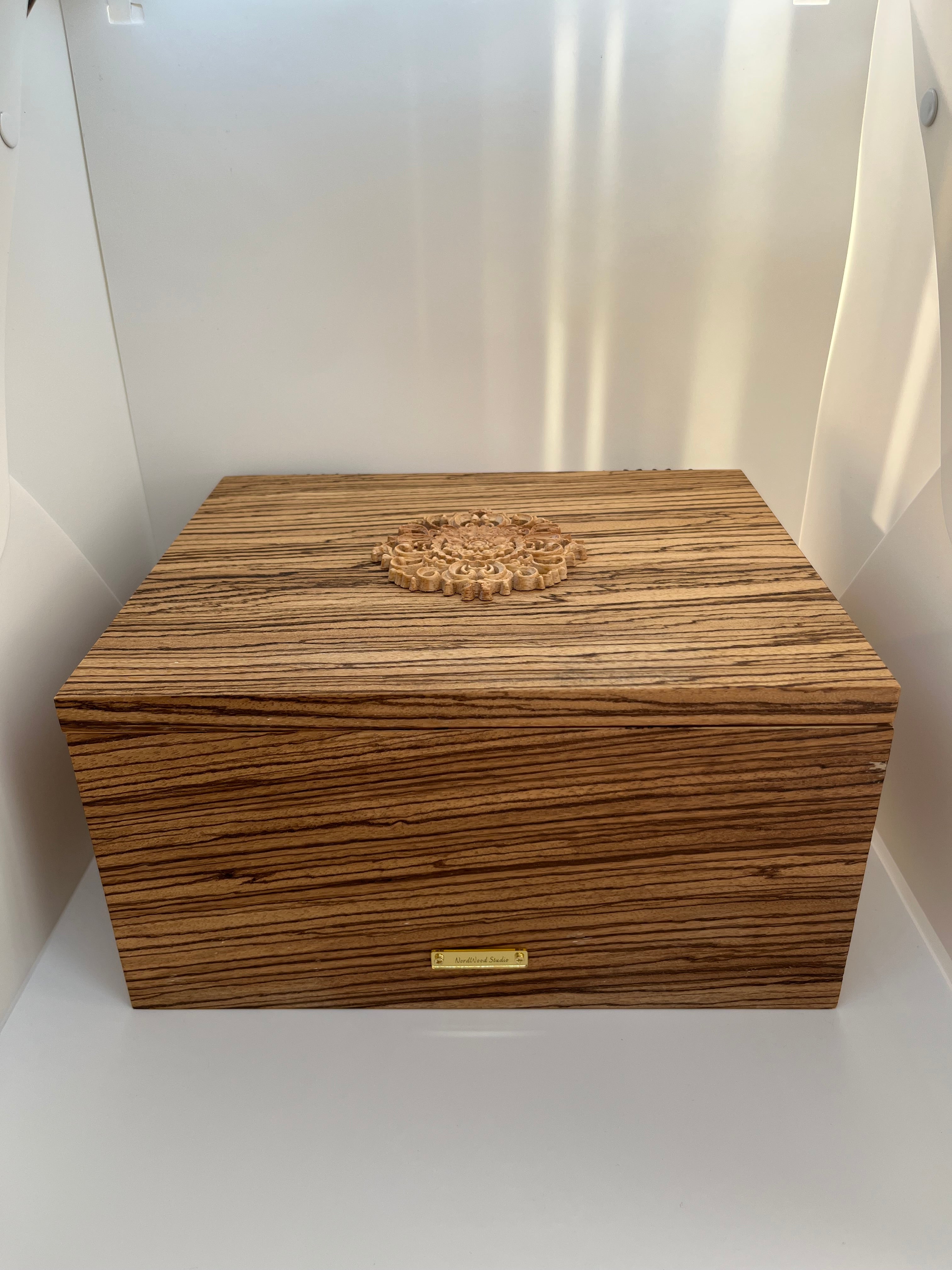 Zebrawood Keepsake Box with Floral Wood Carving