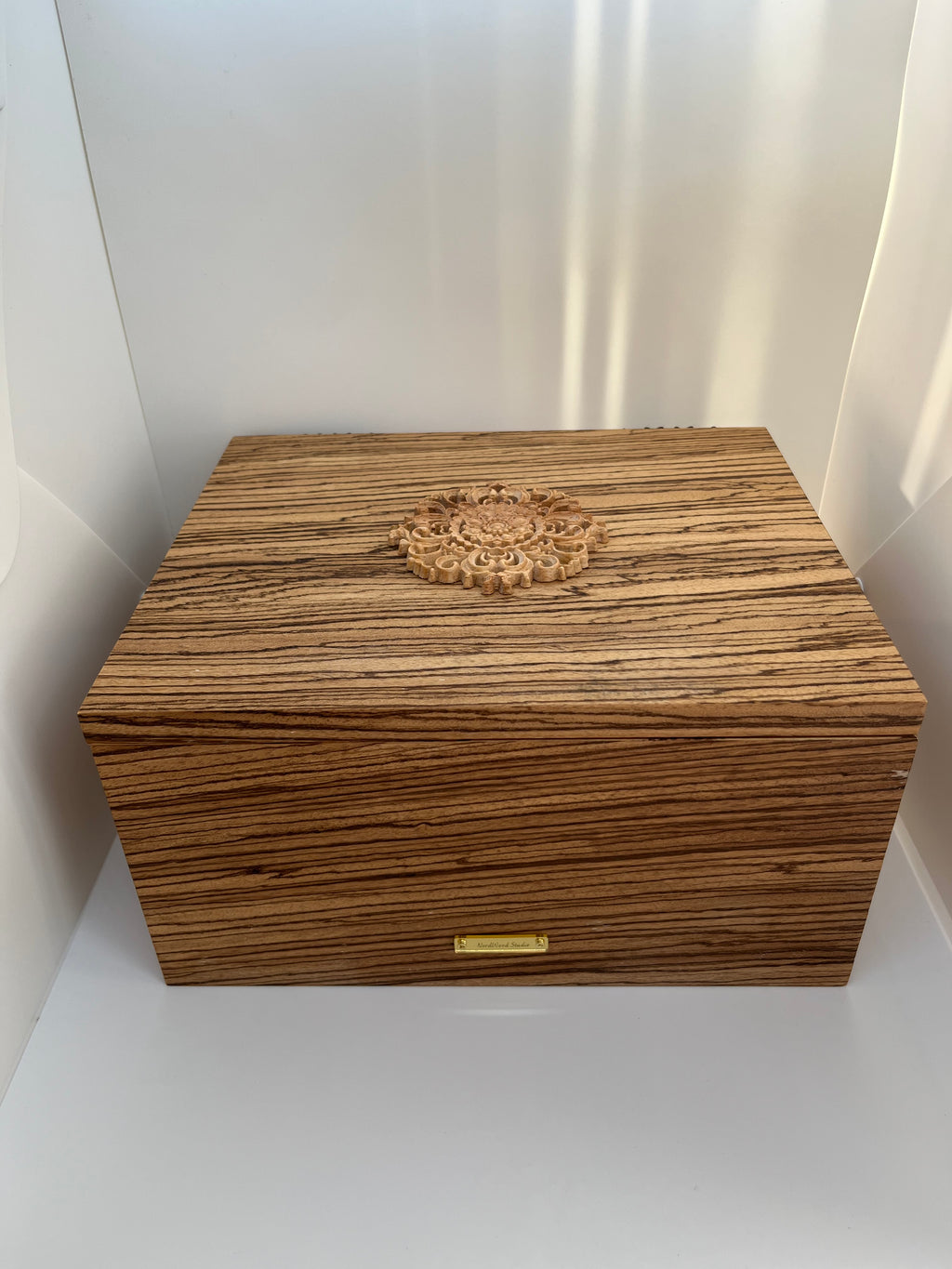 Zebrawood Keepsake Box with Floral Wood Carving