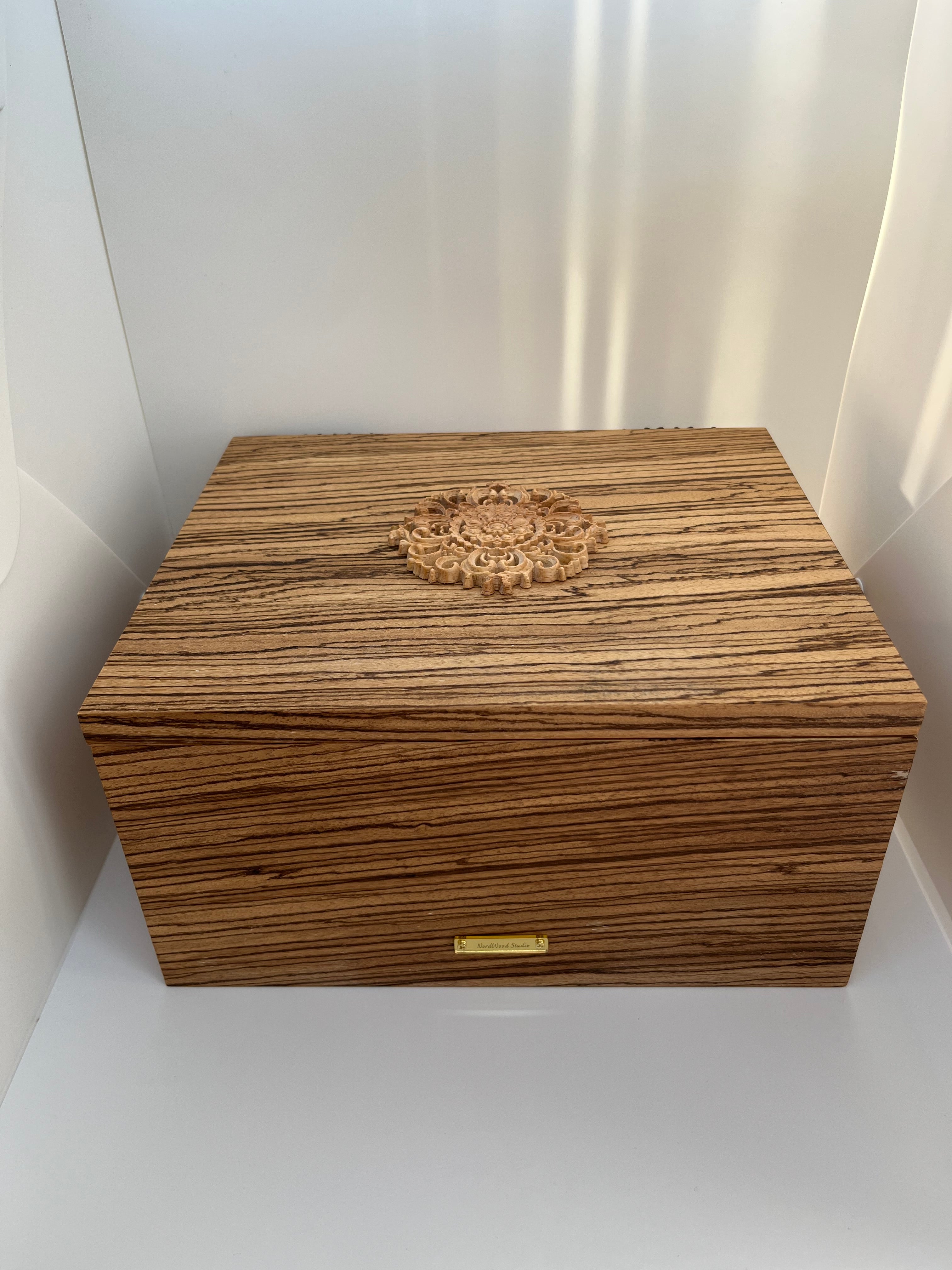 Zebrawood Keepsake Box with Floral Wood Carving