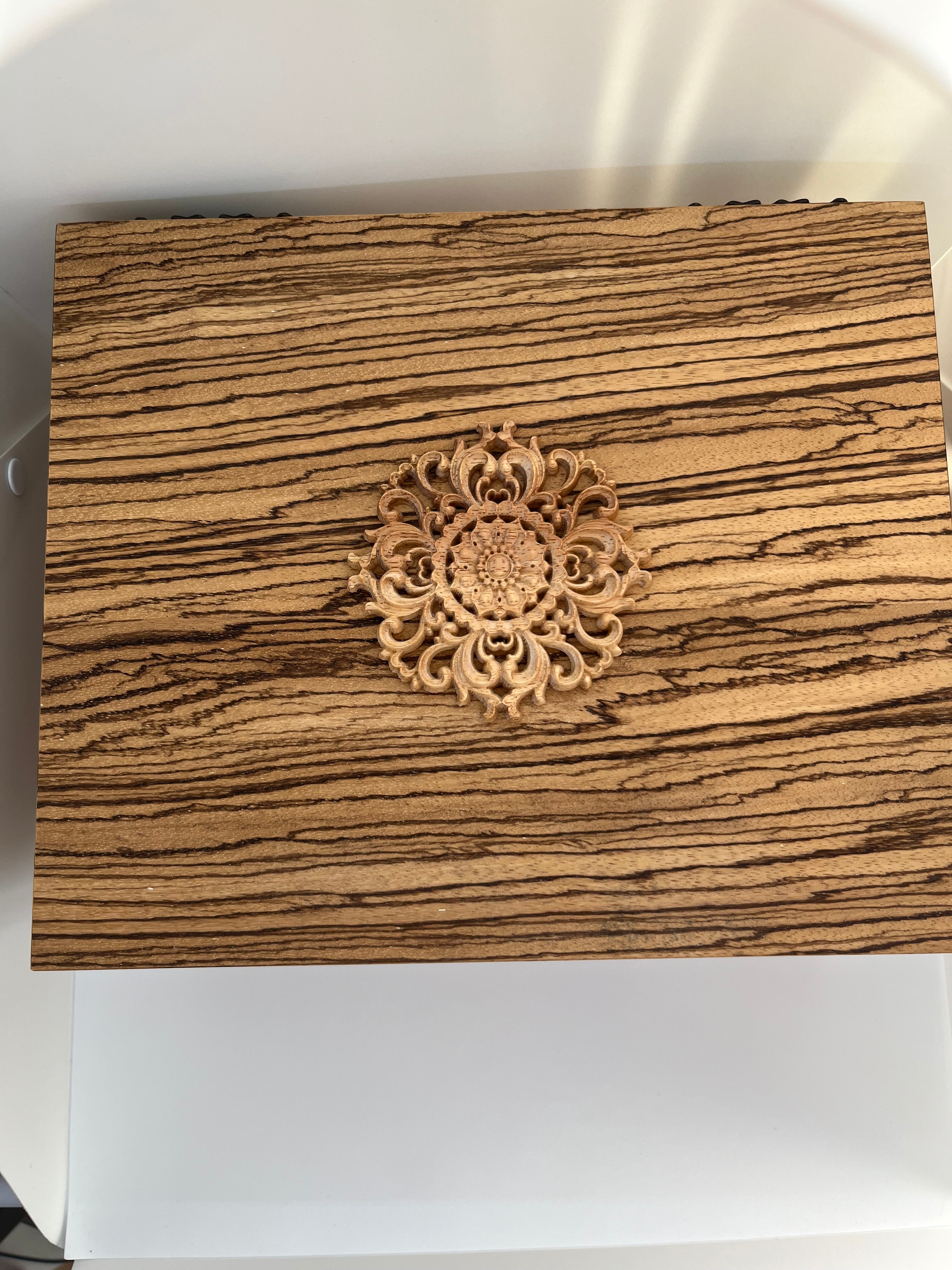 Zebrawood Keepsake Box with Floral Wood Carving