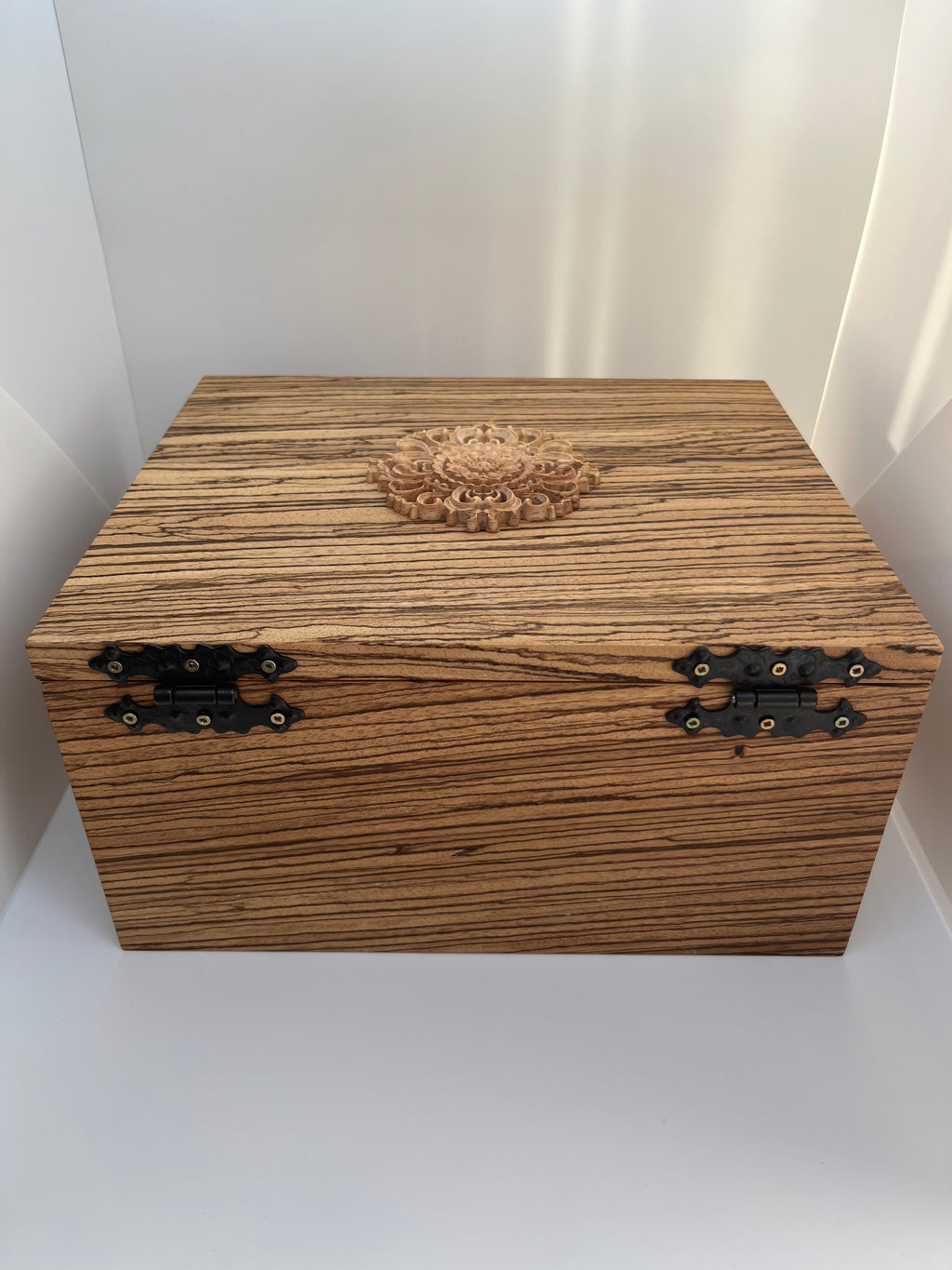 Zebrawood Keepsake Box with Floral Wood Carving