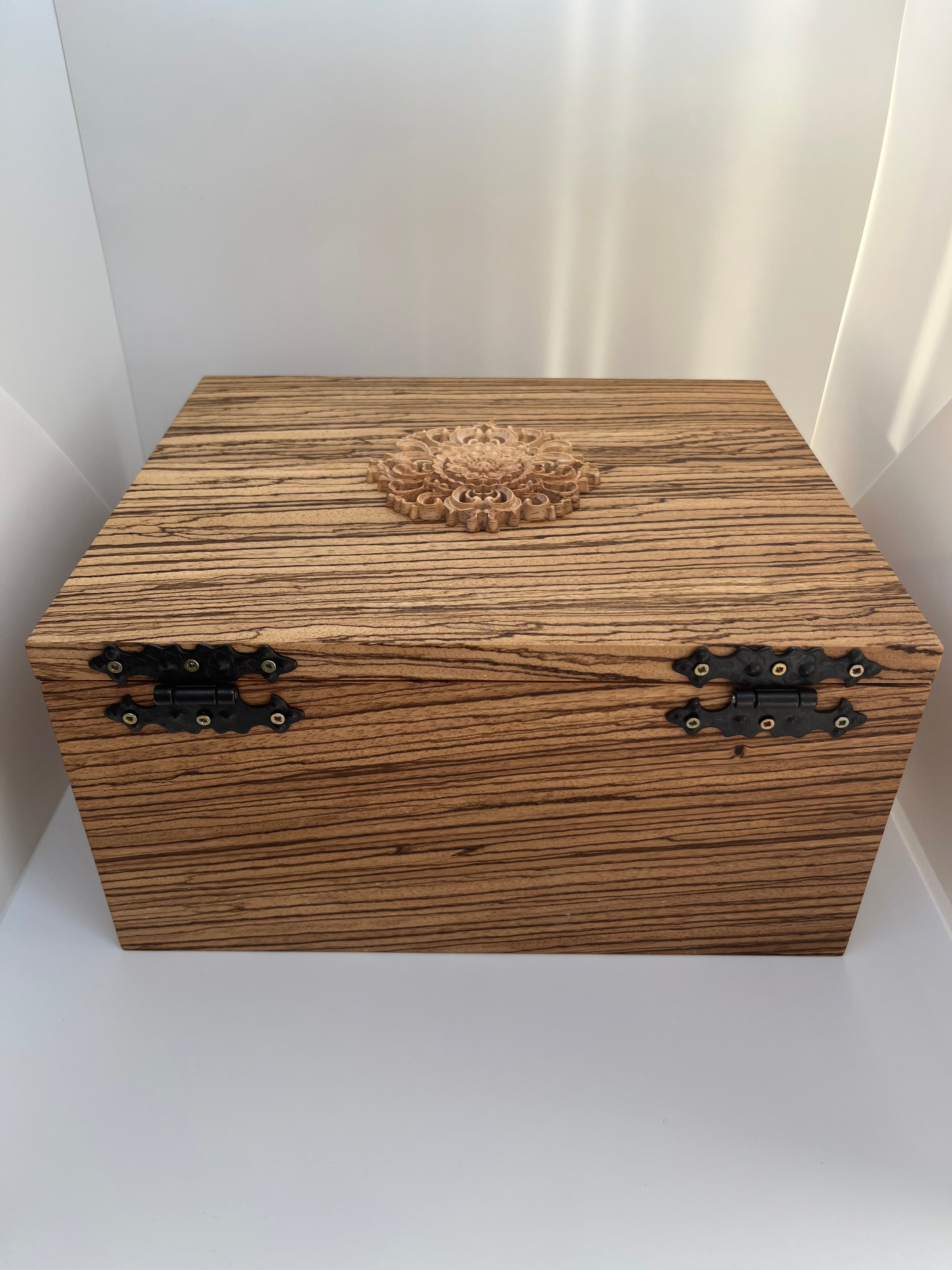 Zebrawood Keepsake Box with Floral Wood Carving