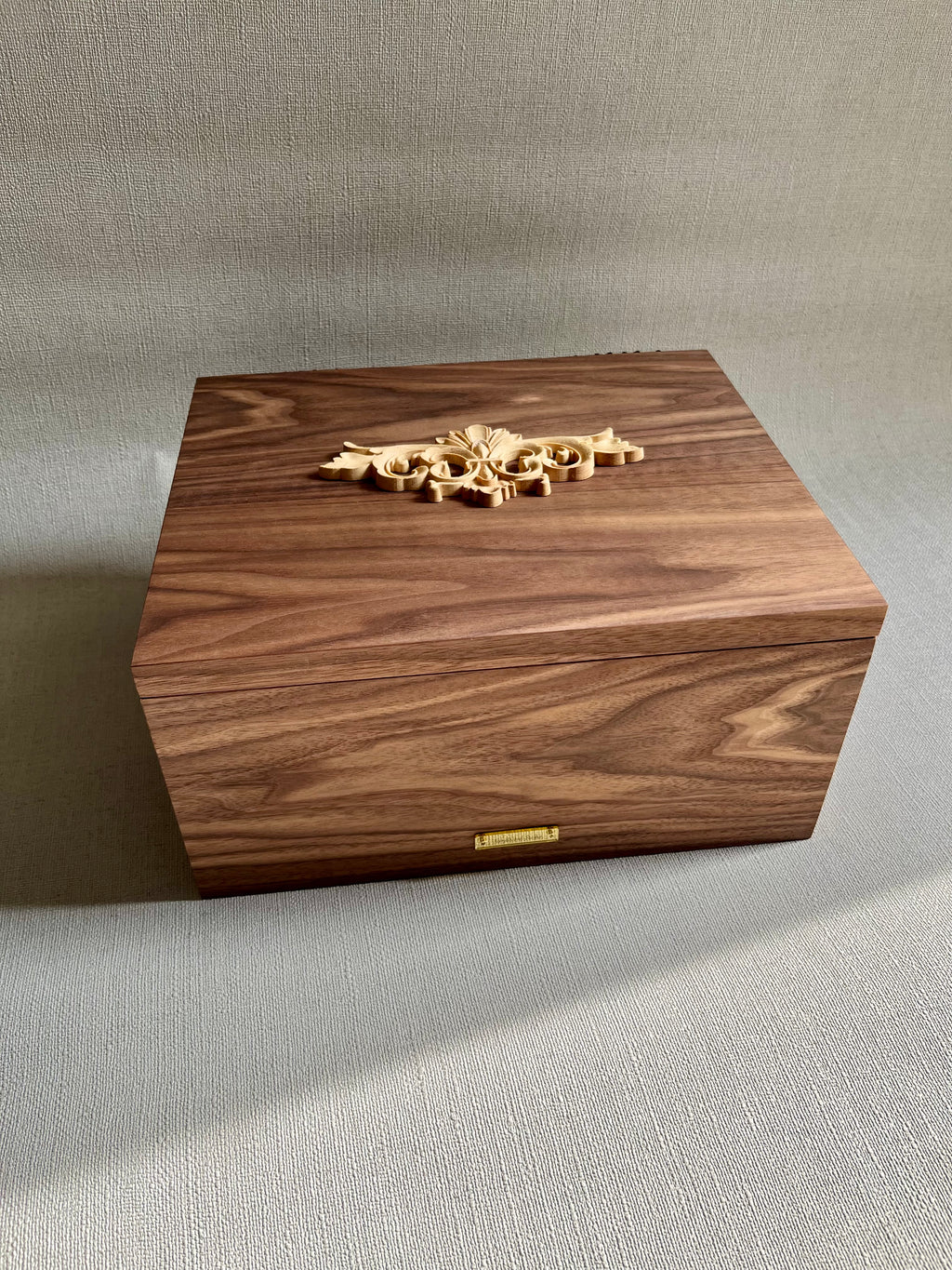 Handcrafted Walnut Jewelry Box with Baroque Carved Ornament