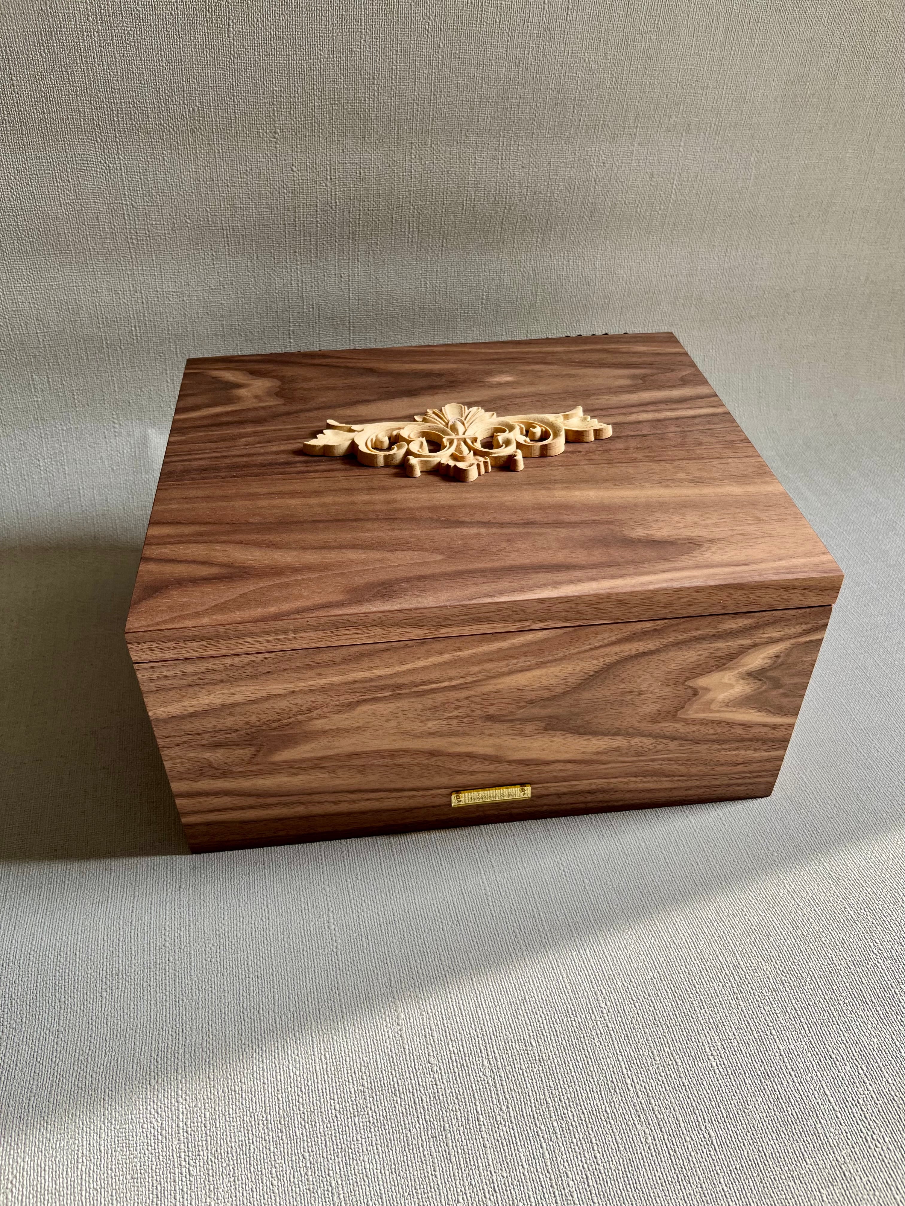 Handcrafted Walnut Jewelry Box with Baroque Carved Ornament