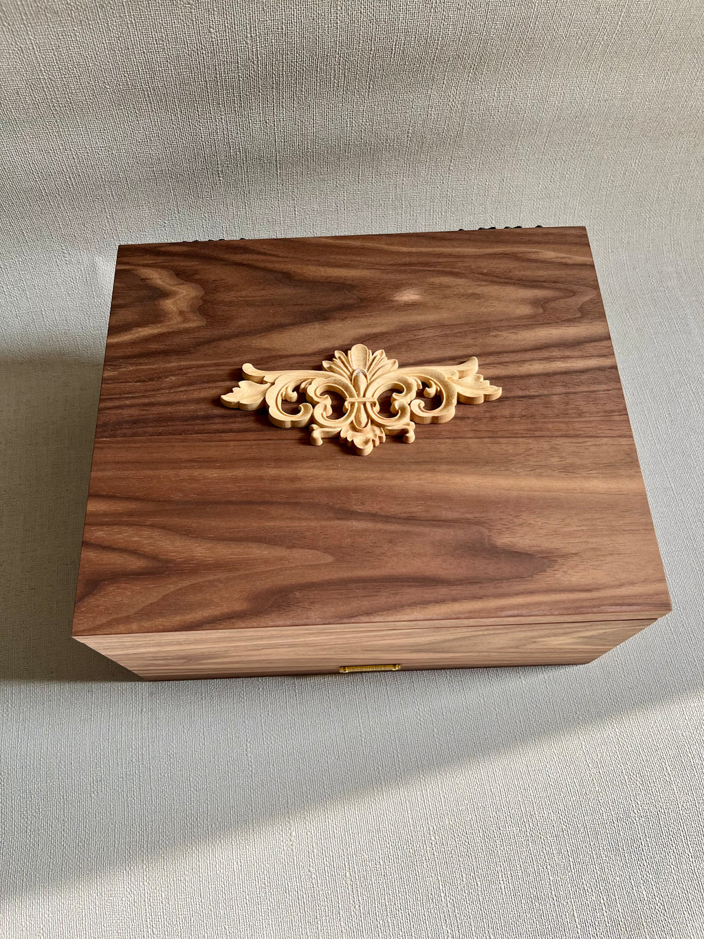 Handcrafted Walnut Jewelry Box with Baroque Carved Ornament