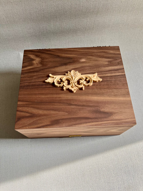 Handcrafted Walnut Jewelry Box with Baroque Carved Ornament