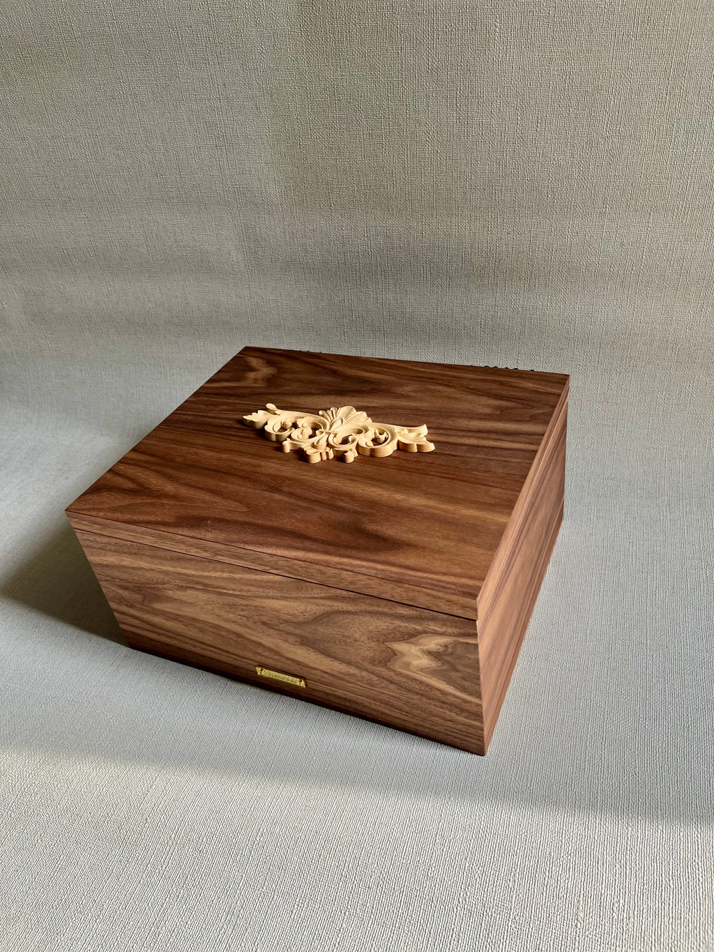 Handcrafted Walnut Jewelry Box with Baroque Carved Ornament