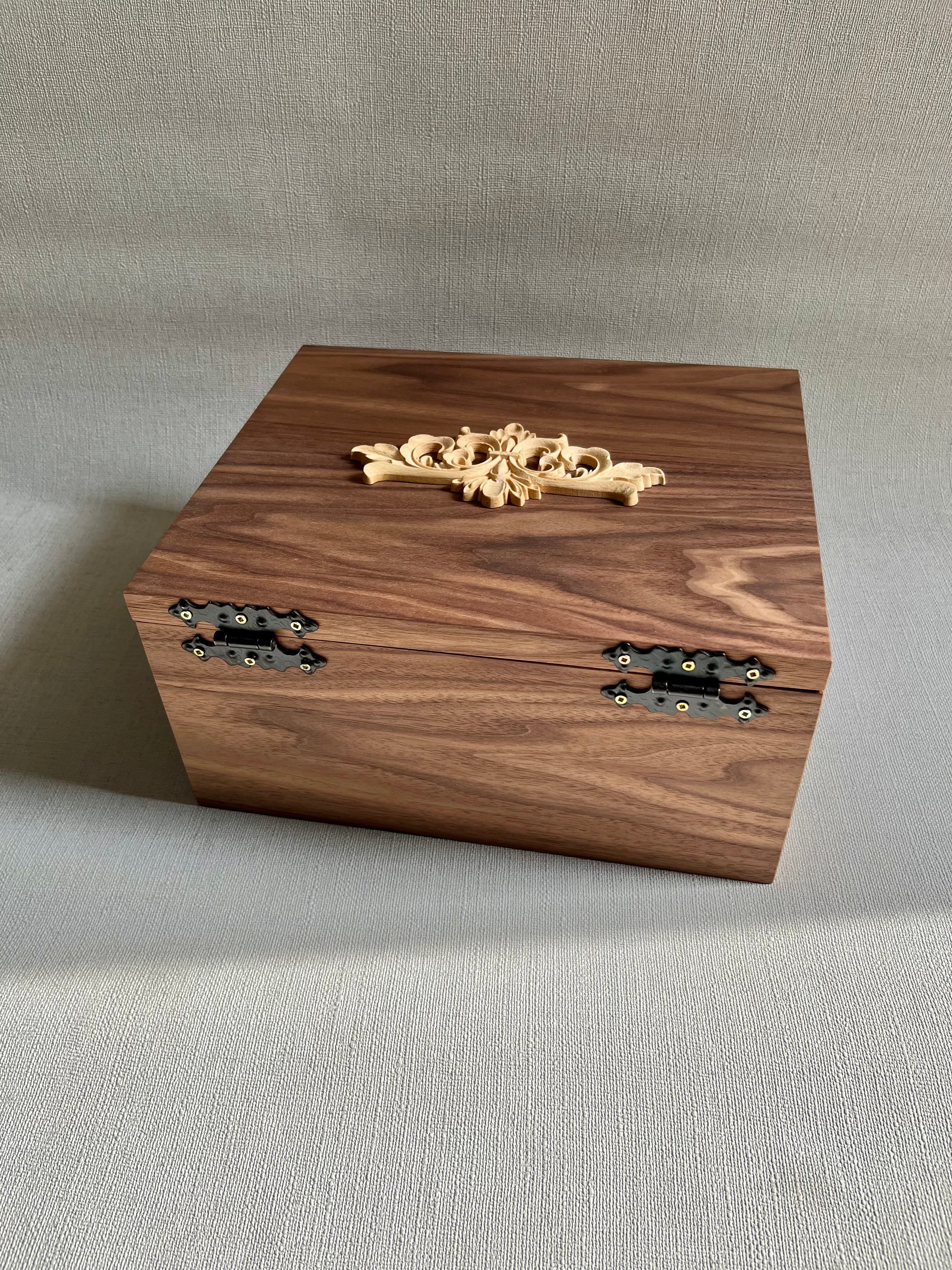 Handcrafted Walnut Jewelry Box with Baroque Carved Ornament