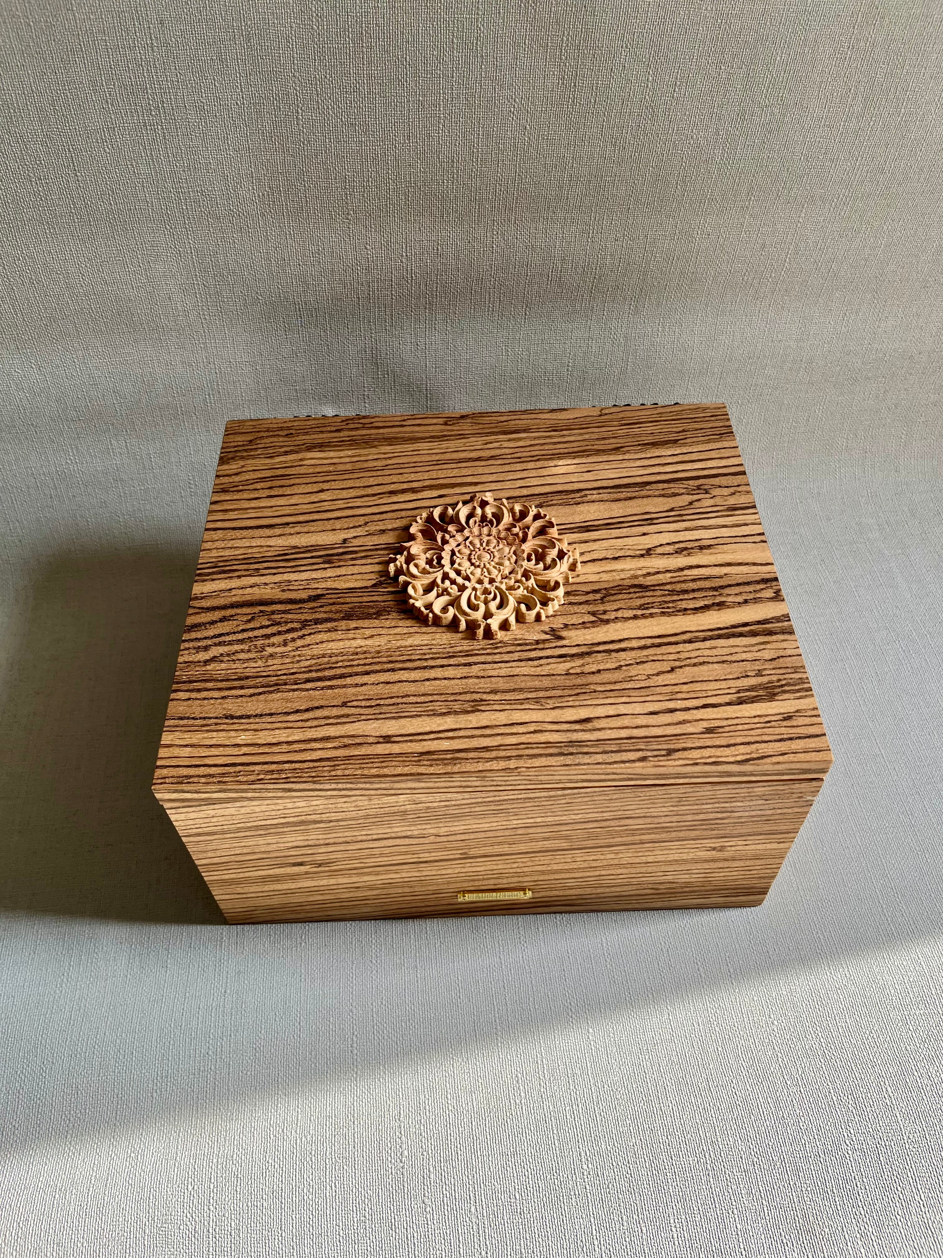 Zebrawood Keepsake Box with Floral Wood Carving