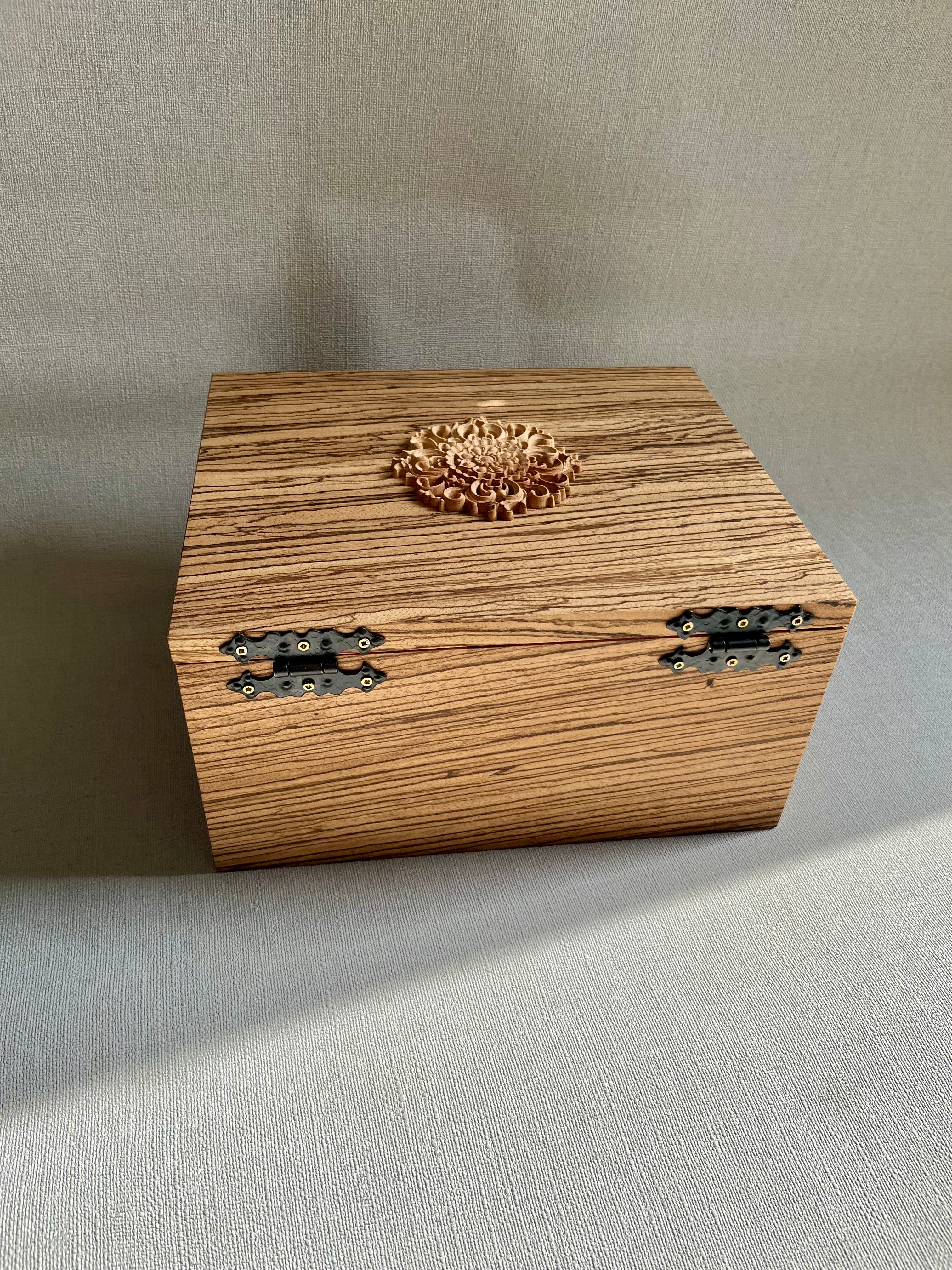Zebrawood Keepsake Box with Floral Wood Carving