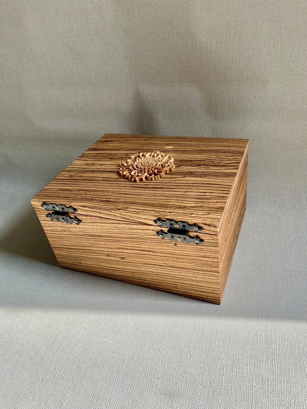 Zebrawood Keepsake Box with Floral Wood Carving