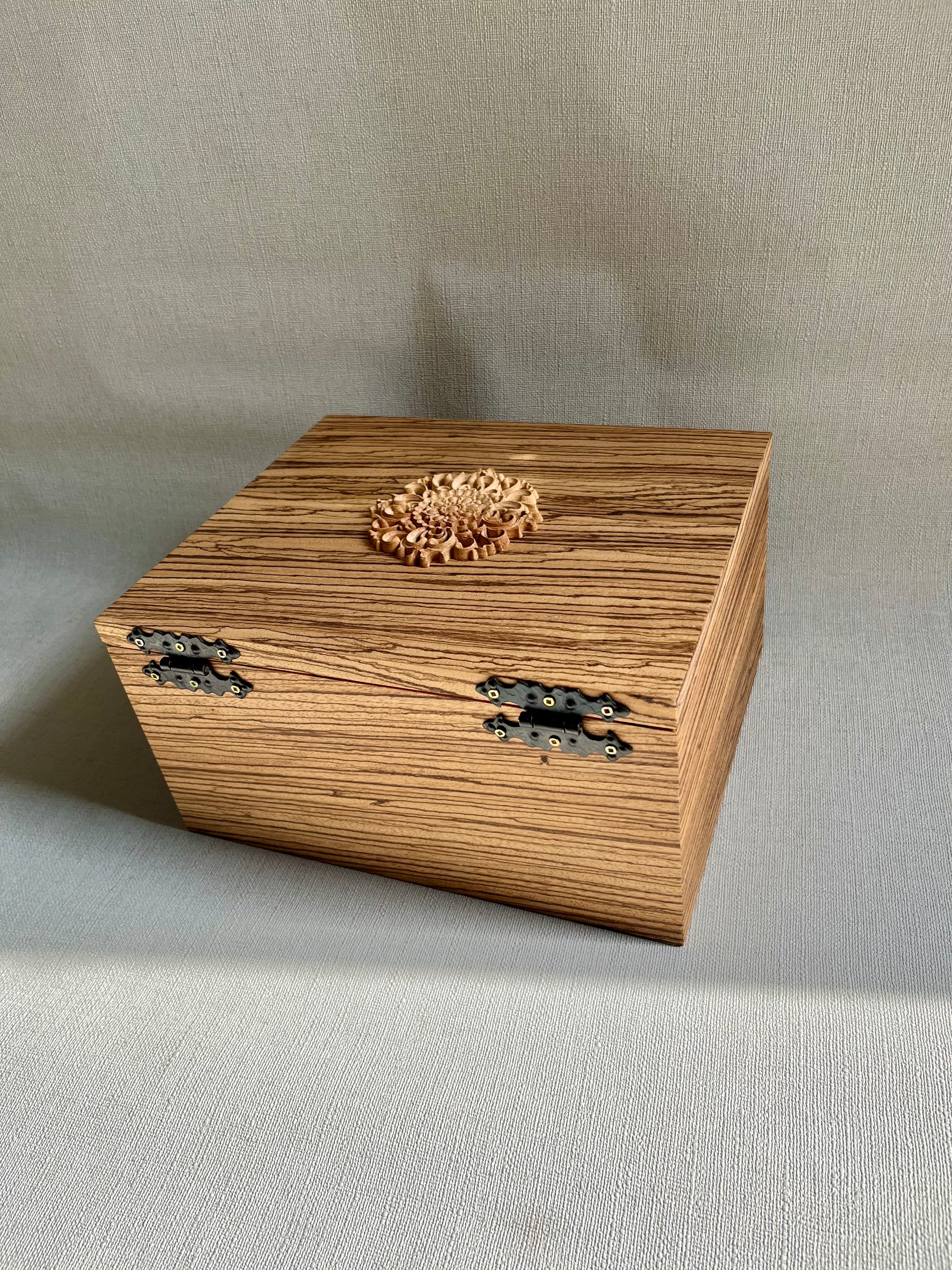 Zebrawood Keepsake Box with Floral Wood Carving