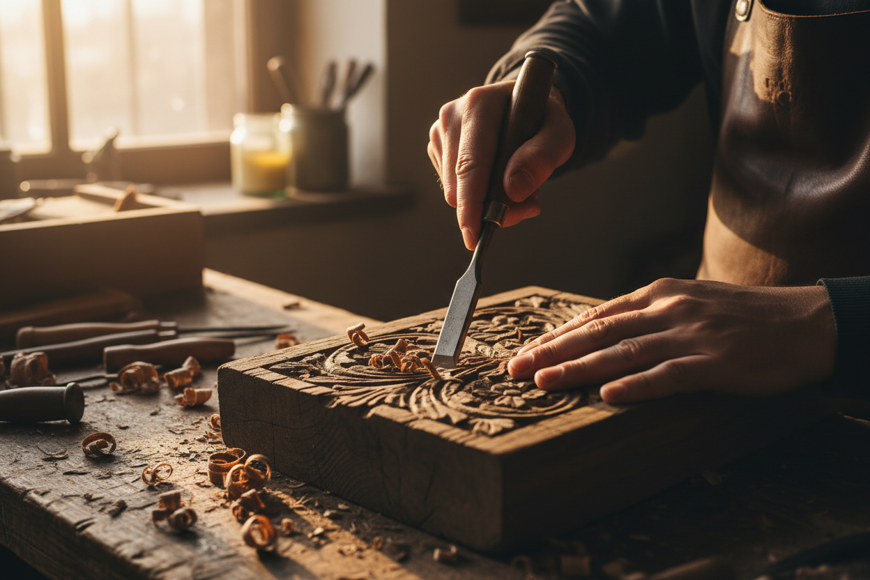 Artisan hands carving wood